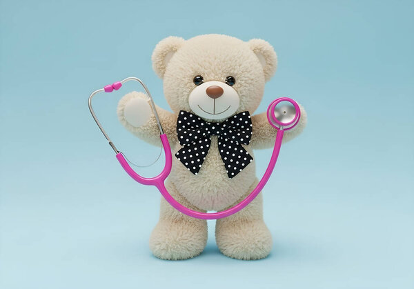 stethoscope, teddy bear and doctor toy, isolated on white background, medical concept