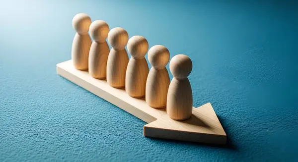 Liderlik ve başarı kavramı. 3 boyutlu resimleme. grup insan sıraya dizildi