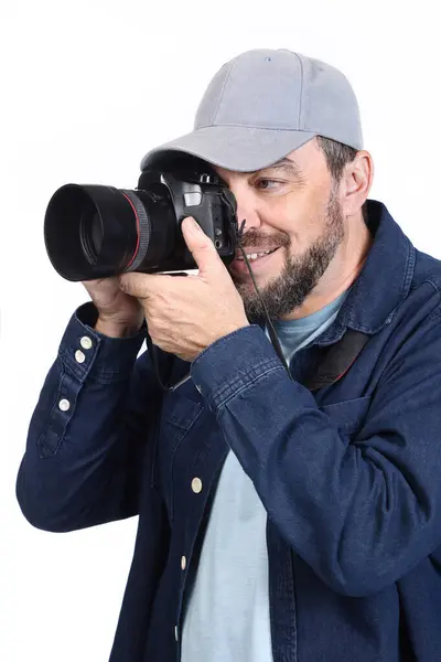 Beyaz arka plan üzerinde izole kamera ile fotoğrafçı