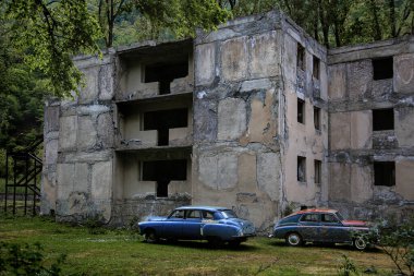 Aşırı gelişmiş bitki örtüsüyle çevrili çökmüş duvarları olan terk edilmiş bir bina ve önünde park etmiş iki eski araba nostaljik ve ürkütücü bir atmosfer yaratıyor..