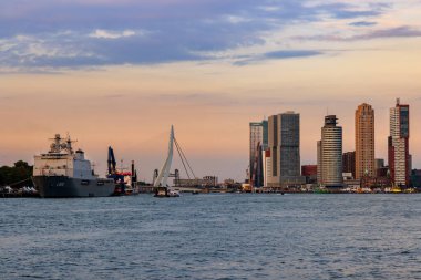 Rotterdam, Netherlands - September 03, 2022: Skyline of Kop van Zuid in Rotterdam from Meuse River. 