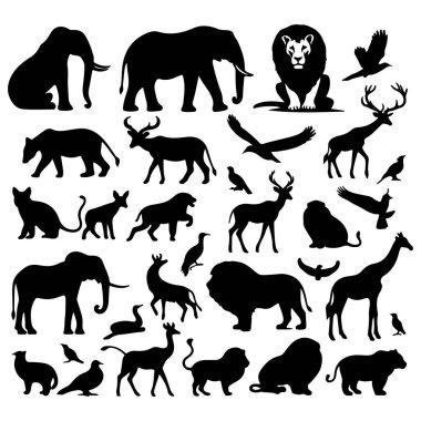 Hayvan silueti vektör kümesi koleksiyonu. Siyah hayvan silueti seti. Hayvan simgeleri. Memeliler, balıklar, böcekler, kuşlar, sürüngenler siluet koleksiyonu. Vahşi, evcil hayvan simgeleri