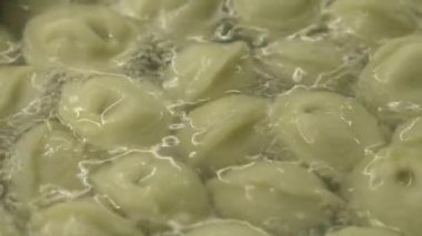 Hamur köfteleri tencerede kaynıyor. Tencerede kaynar su. Kaynamış pelmeni