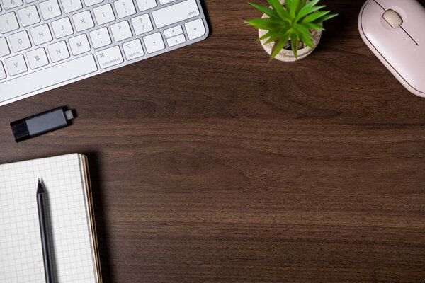 Escritorio Madera Con Portátil Pluma Unidad Usb Teclado Ratón Maceta — Foto de Stock