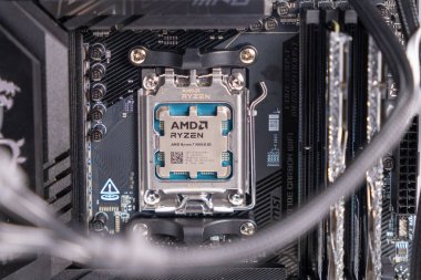 Poznan, Polonya - 25 Kasım 2024: Bir AMD RYZEN 79800X3D işlemcisinin yakın çekim görüntüsü.