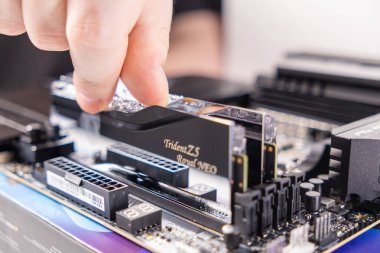Poznan, Polonya - 25 Kasım 2024: G.SİL TRIDENT Z5 ROYAL NEO DDR5 RAM modülünün detaylı bir bilgisayar montaj işlemi sırasında ana kart yuvasına yerleştirilmesi