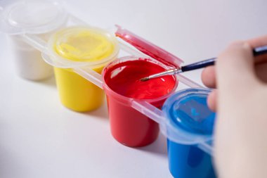 Beyaz arka planda sarı mavi ve beyaz boya kapları olan kırmızı boyaya batırılmış bir boya fırçası tutuyordu.