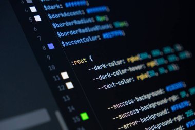 Renkli css kodlu bilgisayar ekranının kapatılması, kök seçici, web geliştirme, ön yüz tasarımı ve programlamaya odaklanılması