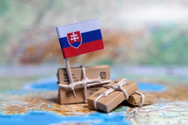 Slovakya bayrağı dünya haritasındaki paketlerin yanında. Dünya ticareti. Mal ihracatı ve ithalatı. Ülkenin ekonomisi.