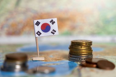 Güney Kore bayrağı haritada madeni paralar, finans kavramı, ulusal ekonomi, tasarruf, yatırım, zenginlik, para birimi, küresel pazar ve mali büyüme ile birlikte