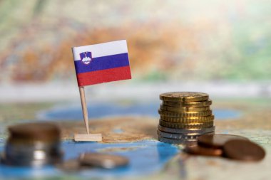 Sloven bayrağı haritada ön planda para yığınlarıyla ekonomik büyüme, yatırımlar, mali fırsatlar ve Slovakya 'daki refahı sembolize ediyor.