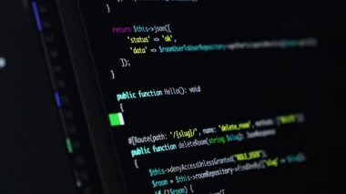 Geliştirme ortamında Hello World fonksiyonu yazan geliştirici, PHP sözdizimi, arka uç programlama ve