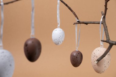 Paskalya süslemesi, ağaç dalında asılı duran benekli yumurtalarla tarafsız bir bej arka plana karşı kırsal ve minimalist bir tatil atmosferi yaratıyor.