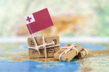 Dünya haritasında küçük parselli tongan bayrağı, uluslararası ticareti, posta hizmetlerini ve Pasifik Adası ulusunun kültürünü simgeliyor.