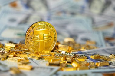 Şifreli parayı altın külçeleri ve dolarlarla donatın. Dijital yatırım ve finansal güvenliği temsil ediyor.