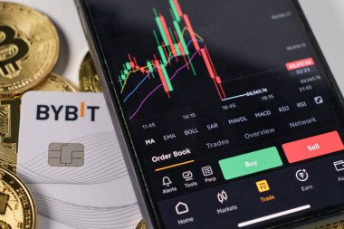 Poznan, Polonya - 7 Mart 2025: Bitcoin paraları ve baybit kartı, dijital finans ve yatırım konsepti ile akıllı telefon ekranında şifreli döviz ticareti uygulaması