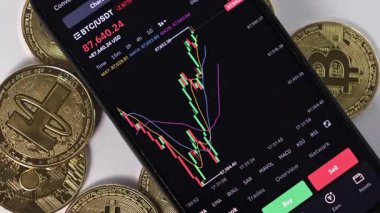 Poznan, Polonya - 7 Mart 2025: Arkaplanda bitcoin, hızlı tempolu dijital ticaret ve yatırım kavramı ile akıllı telefon ekranında şifreli para şeması hızla taşınıyor