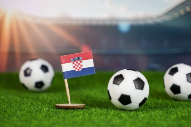 Stadyumdaki yeşil çimlerin üzerinde ulusal bayrak ve futbol toplarının yer aldığı Hırvat futbolu tutkusu gurur, adanmışlık ve spor kültürünü simgeliyor.