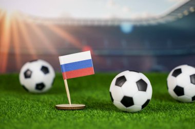 Stadyumdaki yeşil çimlerde ve futbol toplarında ulusal bayrak taşıyan Rusya futbolu tutkusu spor kültürünü, rekabeti ve ulusal gururu sembolize ediyor.