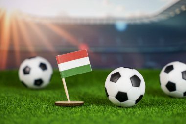 Spor tutkusunu, takım çalışmasını ve milli gururu temsil eden yeşil çimlerin üzerinde ulusal bayrak ve stadyumdaki futbol toplarının olduğu hungary futbol sahnesi.