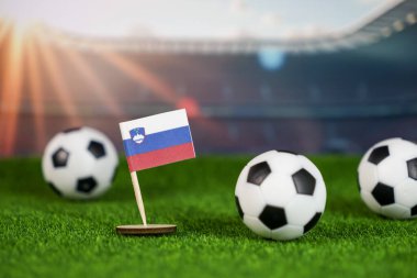 Stadyumdaki yeşil çimlerin üzerinde ulusal bayrak ve futbol toplarıyla Slovenia futbol sahnesi spor, takım çalışması ve ulusal gurur tutkusunu simgeliyor.