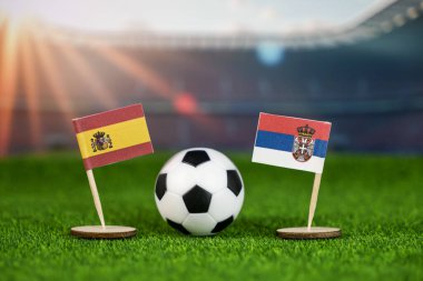 İspanya ve Sırbistan milli bayraklarla futbol maçı, yeşil sahada futbol topu ve stadyum arka planı, uluslararası spor müsabakalarını ve rekabeti temsil ediyor.