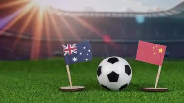 Avusturalya, Çin futboluna karşı bayraklar, yeşil sahada futbol topu ve bulanık stadyum, uluslararası spor müsabakasını ve ulusal gururu simgeliyor.