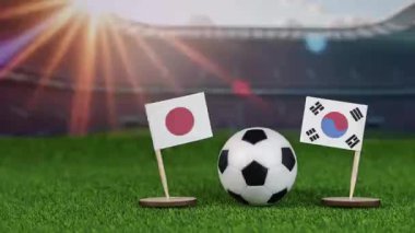 Japonya, Güney Kore futbol maçında bayraklar, yeşil sahada futbol topu ve bulanık stadyum, Asya spor rekabetini ve takım çalışmasını sembolize ediyor.