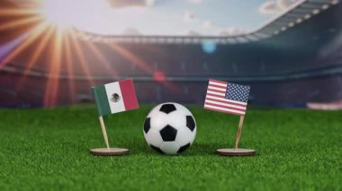 Meksika, milli bayraklarla, yeşil sahada futbol topuyla, uluslararası spor müsabakası ve tutkusunu simgeleyen bulanık stadyumla Amerikan futbolu rekabetine karşı. yakınlaştır