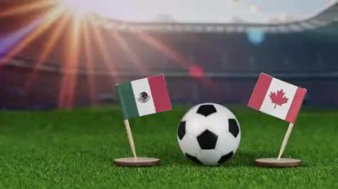 Meksika, Kanada 'ya karşı ulusal bayraklı futbol sahnesi, yeşil sahada futbol topu ve bulanık stadyum, uluslararası spor rekabetini ve rekabeti simgeliyor.