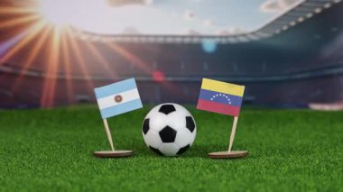 Ulusal bayraklarla Arjantin-Venezuela futbol maçı, yeşil sahada futbol topu ve stadyum arka planı uluslararası spor rekabetini ve tutkuyu simgeliyor. yakınlaştır