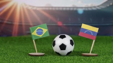 Brezilya, Venezuela 'ya karşı ulusal bayraklı futbol maçı, yeşil sahada futbol topu ve stadyum arka planı, Güney Amerika' daki rekabeti simgeliyor.