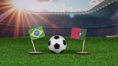 Brezilya, Portekiz futbol maçına karşı ulusal bayraklar, yeşil sahada futbol topu ve bulanık stadyum uluslararası spor rekabetini ve mirasını simgeliyor. yakınlaştır