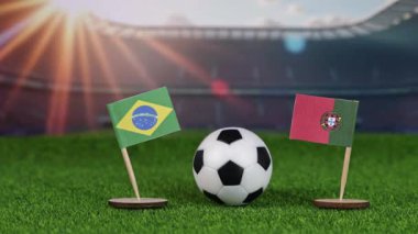 Brezilya, Portekiz futbol maçına karşı ulusal bayraklar, yeşil sahada futbol topu ve bulanık stadyum, uluslararası spor rekabetini ve mirasını simgeliyor.