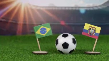 Brezilya, Ekvador futboluna karşı milli bayraklar, yeşil sahada futbol topu ve stadyum arka planı, Güney Amerika spor tutkusunu vurguluyor.