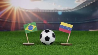 Brezilya, Venezuela 'ya karşı ulusal bayraklarla futbol maçı, yeşil sahada futbol topu ve stadyum arka planı, Güney Amerika yarışmasını sembolize ediyor. yakınlaştır