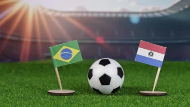 Brezilya - Paraguay maçı sahnesi ulusal bayraklar, yeşil sahada futbol topu ve arka planda uluslararası spor rekabetini ve rekabeti sembolize eden stadyum. yakınlaştır