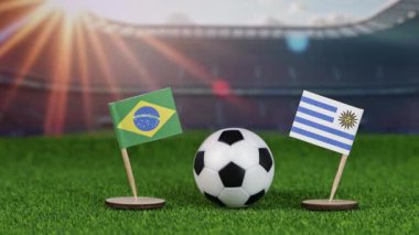 Brezilya, Uruguay 'a karşı milli bayraklarla futbol müsabakası, yeşil sahada futbol topu ve stadyum arka planı, tarihi rekabet ve tutkuyu simgeliyor.