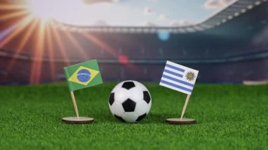 Brezilya, Uruguay 'a karşı milli bayraklarla rekabet yeşil sahada futbol topu ve stadyum arka planında tarihi rekabet ve tutkuyu sembolize ediyor. yakınlaştır