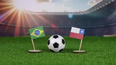 Brezilya - Şili futbolu milli bayraklarla rekabeti, yeşil sahada futbol topu, ve stadyum arkaplanı, tutkuyu, beceriyi ve rekabeti simgeliyor. yakınlaştır