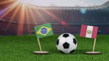 Brezilya - Peru maçı sahnesi, ulusal bayraklar, yeşil sahada futbol topu, ve arka planda büyük bir stadyum, uluslararası spor yarışması ve tutkuyu simgeliyor.