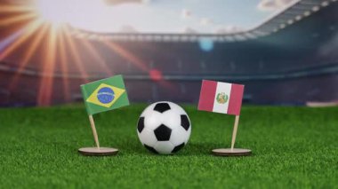 Brezilya - Peru maçı sahnesi ulusal bayraklar, yeşil sahada futbol topu ve arka planda büyük bir stadyum, uluslararası spor müsabakası ve tutkusunu simgeliyor. yakınlaştır