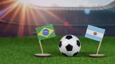 Brezilya, Arjantin futboluna karşı ulusal bayraklar, yeşil sahada futbol topu, ve stadyum arkaplanı, tutkuyu, gururu ve rekabeti simgeliyor.
