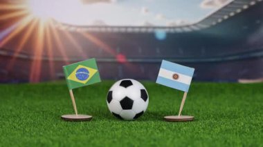 Brezilya, Arjantin futboluna karşı ulusal bayraklar, yeşil sahada futbol topu, ve stadyum arkaplanı, tutkuyu, gururu ve rekabeti simgeliyor. yakınlaştır