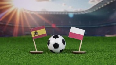İspanya ve Polonya milli bayraklarla futbol maçı, yeşil sahada futbol topu ve stadyum arka planı uluslararası spor müsabakalarını ve rekabeti sembolize ediyor. yakınlaştır