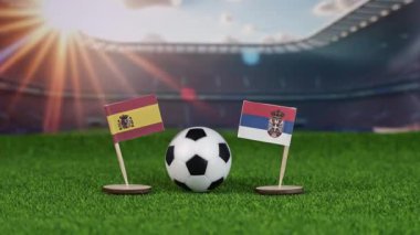 İspanya ve Sırbistan milli bayraklarla futbol maçı, yeşil sahada futbol topu, ve stadyum arka planı, uluslararası spor müsabakalarını ve rekabeti temsil ediyor. yakınlaştır