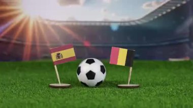 Ulusal bayraklarla İspanya ve Belçika futbol maçı, yeşil sahada futbol topu ve stadyum arka planı uluslararası spor rekabetini ve rekabeti sembolize ediyor. yakınlaştır