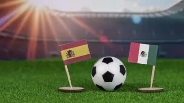 İspanya ve Meksika milli bayraklarla rekabet, yeşil sahada futbol topu ve stadyum arka planı, uluslararası spor müsabakalarını ve birliği sembolize ediyor.