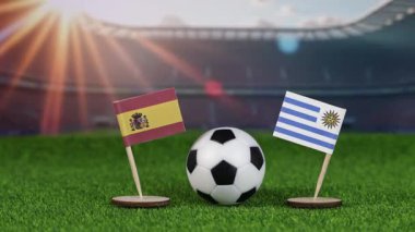 İspanya ve Uruguay futbol müsabakaları ulusal bayraklar, futbol topları yeşil sahada ve stadyum arka planında, uluslararası spor müsabakalarını ve gururu sembolize ediyor.