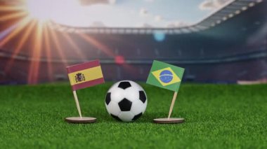 İspanya Brezilya 'ya karşı milli bayraklar, yeşil sahada futbol topu ve stadyum arka planında seçkin uluslararası yarışmalar. Büyüt